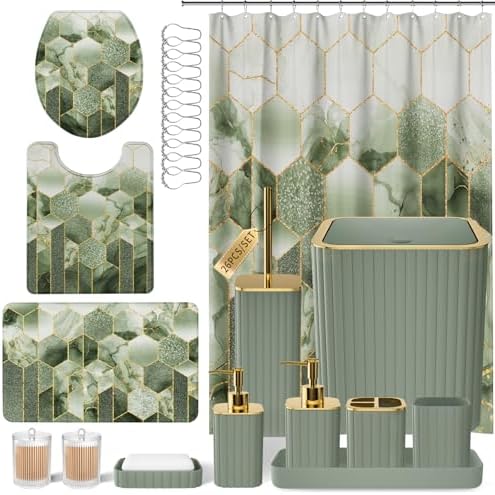 XLHOMO Bathroom Set - 26PC Bathroom Set with Shower Curtain and Rugs, Bathroom Accessory Set, Sage Green Bathroom Accessories Set, Trash Can & Soap Dispenser