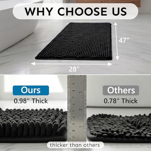 Secura Bathroom Rugs 47x28, Ultra Soft Chenille Bath Mat, Super Absorbent & Quick Dry Bathroom Mat, Non Slip Machine Washable Bath Rugs for Tub, Shower, Home Decor Accessories (Black)