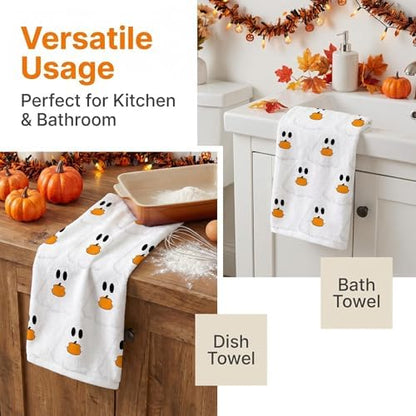 2 Pack Halloween Hand Towels 100% Cotton Jacquard Ghost and Pumpkin Halloween Kitchen Towels White Bathroom Towels Set Seasonal Bathroom Decor(Ghost and Pumpkin)