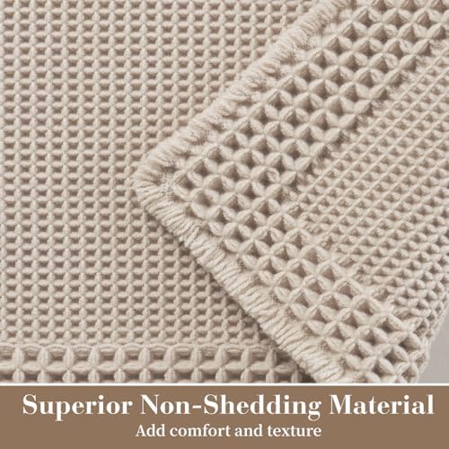 RESARE Waffle Bathroom Runner Rugs, Non Slip Boho Bath Mat 24x60 Pale Beige