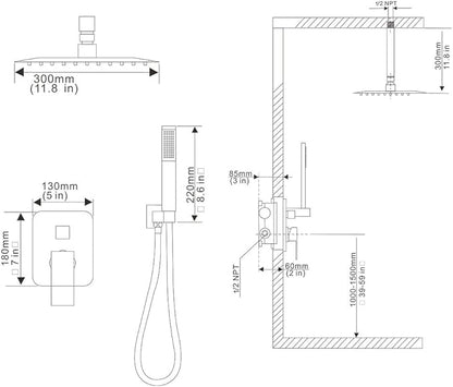 12 Inch Ceiling Mount Matte Black Shower System Bathroom Luxury Rain Mixer Shower Combo Set Ceiling Rainfall Shower Head System (Contain Shower Faucet Rough-in Valve Body and Trim Kit)