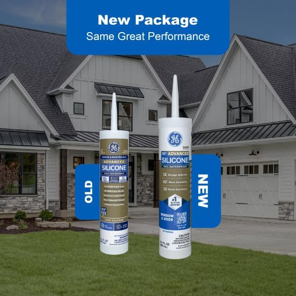 GE Advanced Silicone Caulk for Window & Door, White, 10 fl oz Cartridge, 1 Pack - 100% Waterproof Silicone Sealant, 5X Stronger Adhesion, Shrink & Crack Proof
