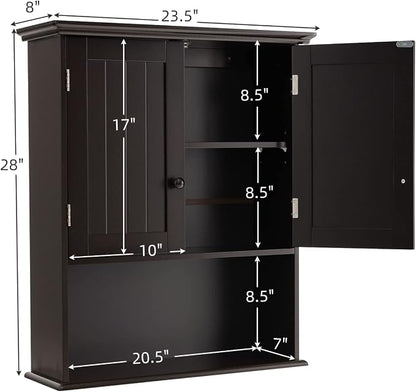 COSTWAY Wall Mounted Bathroom Cabinet, Over The Toilet Storage Cabinet w/Double Doors & Adjustable Shelf, Wood Hanging Medicine Cabinet for Living Room, Entryway, Kitchen (Brown) | Double Doors & Adjustable Shelf, Wood Hanging Medicine Cabinet for Livi...