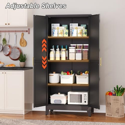 Winiowa Metal Pantry Cabinet with 2 Doors and Adjustable Shelves, 61"Kitchen Storage Cabinet with Gold Handles, Versatile Storage for Laundry, Living, Bathroom, Dining, Utility Room - Black