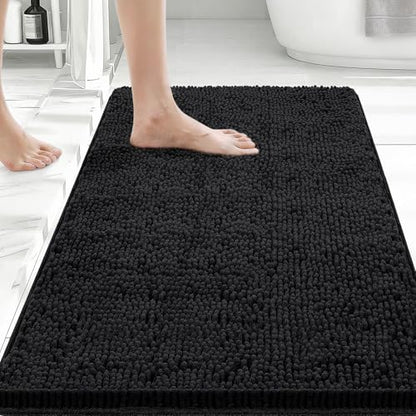 Bcoimo Bath Rug Mat,30x20 Chenille Non Slip Black Bathroom Floor Shower Mat