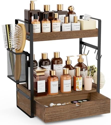 2-Tier Bathroom Counter Organizer with Drawer Basket and Hooks, Wood Bathroom Organizers and Storage for countertop, Farmhouse Dark Brown Countertop Organizer, Counter Shelf for Vanity Kitchen Office
