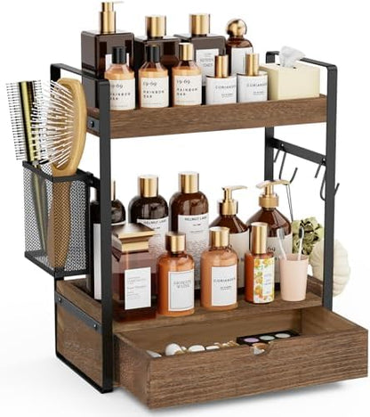 2-Tier Bathroom Counter Organizer with Drawer Basket and Hooks, Wood Bathroom Organizers and Storage for countertop, Farmhouse Dark Brown Countertop Organizer, Counter Shelf for Vanity Kitchen Office
