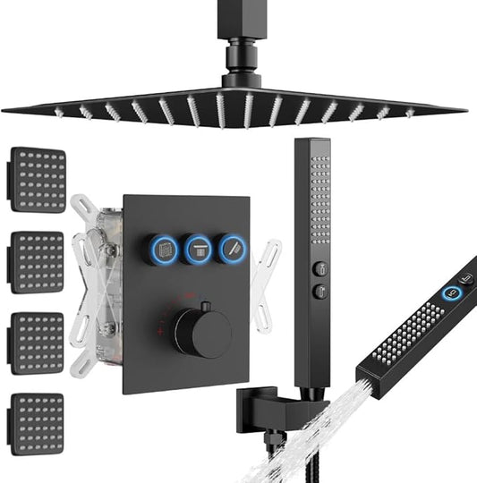 Shower Faucets Sets Matte Black Shower Systems, STARBATH 12" Rain Shower with 2 in 1 Handheld and 4 Body Jets, Can Use All at Once, Ceiling Moun Complete Shower Set with Thermostatic Valve Trim Kit