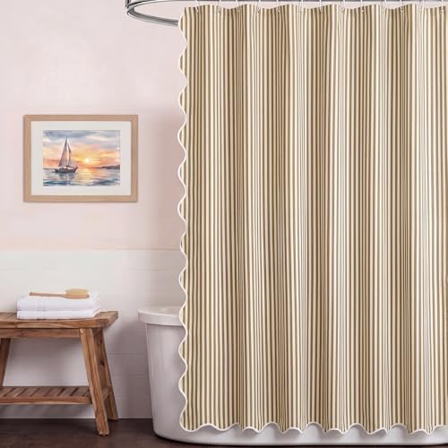 HunnmingRe Taupe Farmhouse Striped Shower Curtain Scalloped 72x72''