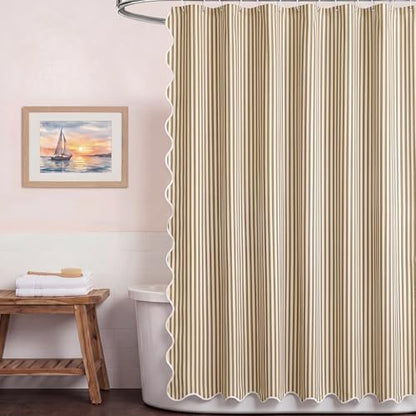 HunnmingRe Taupe Farmhouse Striped Shower Curtain Scalloped 72x72''