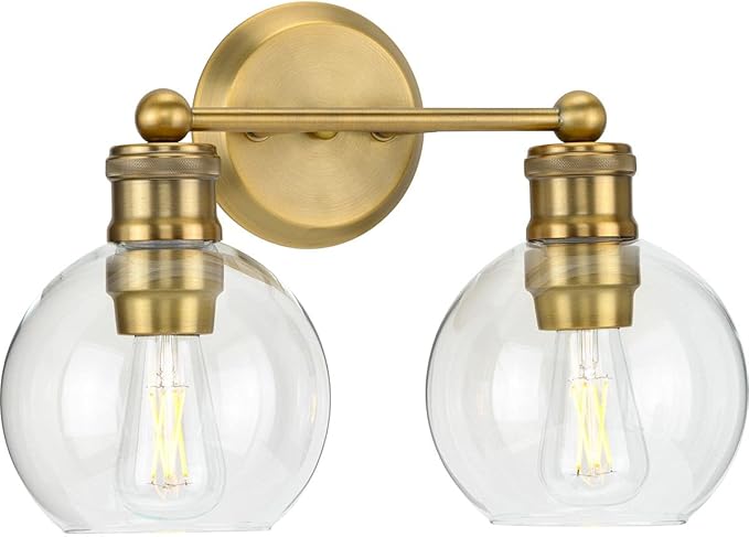 Hansford Collection 2-Light Clear Glass Farmhouse Bath Vanity Light Vintage Brass