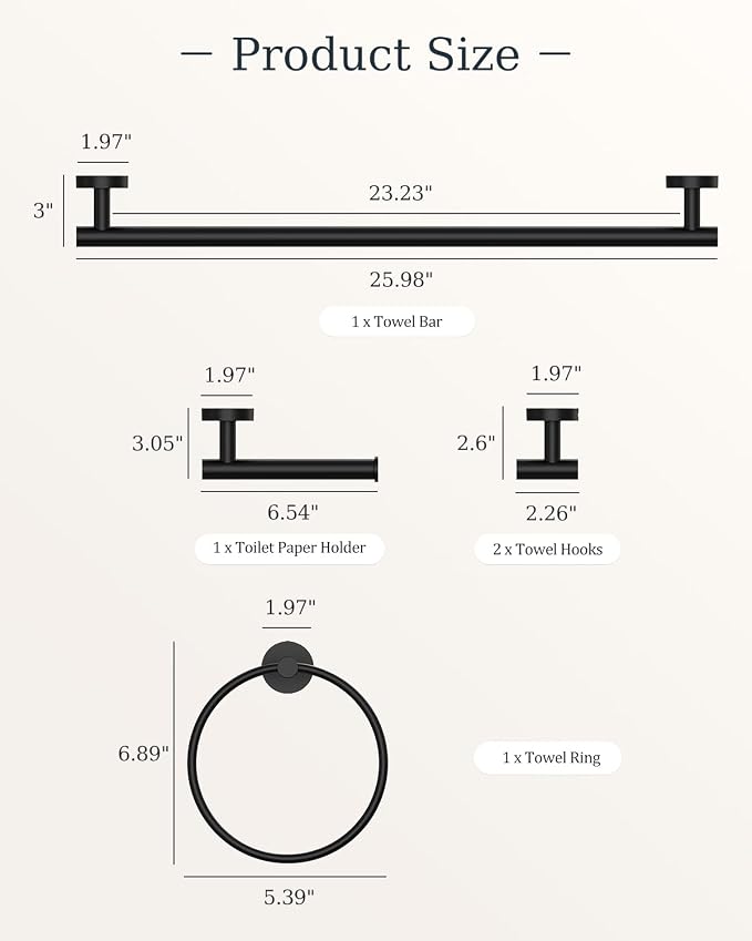 Matte Black Bathroom Accessories Set SUS304 Stainless Steel 5 Pieces | Evolvegoods Bathroom Hardware Set, 26 Inch Bath Towel Bar Set, 2 Towel Hooks, Toilet Paper Holder, Towel Racks for Bathroom
