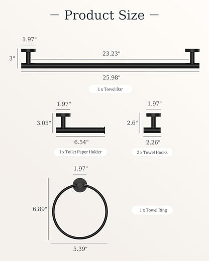 Matte Black Bathroom Accessories Set SUS304 Stainless Steel 5 Pieces | Evolvegoods Bathroom Hardware Set, 26 Inch Bath Towel Bar Set, 2 Towel Hooks, Toilet Paper Holder, Towel Racks for Bathroom