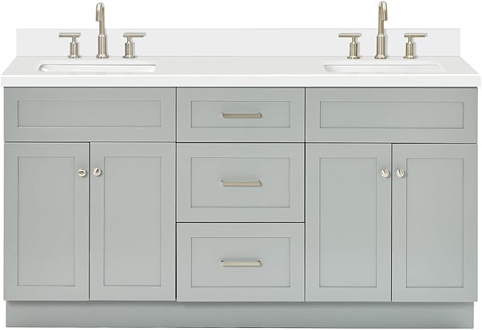 ARIEL Hamlet 66-inch Bathroom Vanity with Sink,Solid Wood, 1.5-inch Pure White Quartz Countertop & Backsplash, Double Rectangular Porcelain Sink, 4 Soft Closing Doors, 3 Dovetail Drawers, Grey
