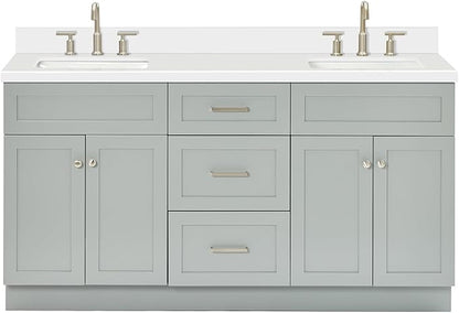 ARIEL Hamlet 66-inch Bathroom Vanity with Sink,Solid Wood, 1.5-inch Pure White Quartz Countertop & Backsplash, Double Rectangular Porcelain Sink, 4 Soft Closing Doors, 3 Dovetail Drawers, Grey