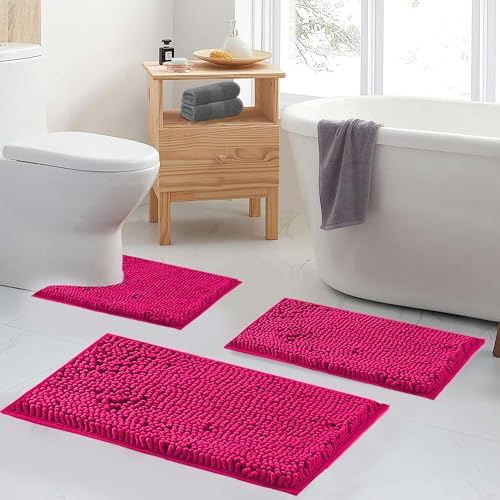 Hot Pink 2 Piece Bathroom Set Chenille Rugs Mat for Kitchen/Living Room