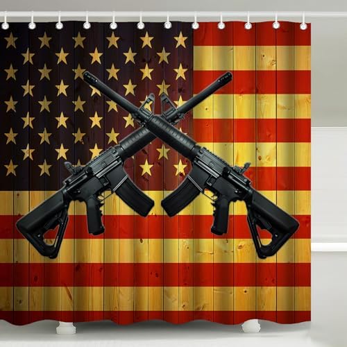 Crossed AR-15 Rifles US Pride Flag Shower Curtain with Hooks 72 x 72 Inches