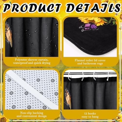 Honoson 8 Pcs Black Yellow Sunflower Shower Curtain Set, Rugs, Bath Mat