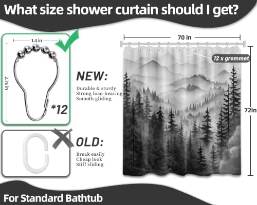Black and White Forest Shower Curtain, 72x72 in, Mens Mountain Nature