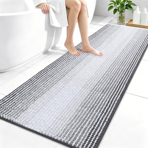 OLANLY Bathroom Runner Rugs 59x24, Soft Chenille Striped Bath Rugs, Grey