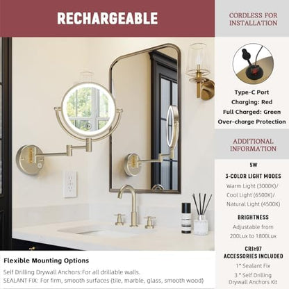 8" Rechargeable Brass Wall Mounted Magnifying Mirror with Lights, 1X/5X Cordless Double Sided 3-Colors LED Touch Dimmable Extended 360 Rotation Vanity Mirror for Bathroom, Satin Brushed Gold