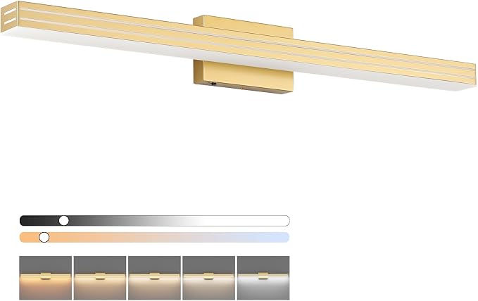 Ralbay 40inch Gold Vanity Light with 5 Color Temperature (2700K-6000K) Dimmable Acrylic Metal 36W LED Modern Matte Gold Bathroom Lighting Over Mirror