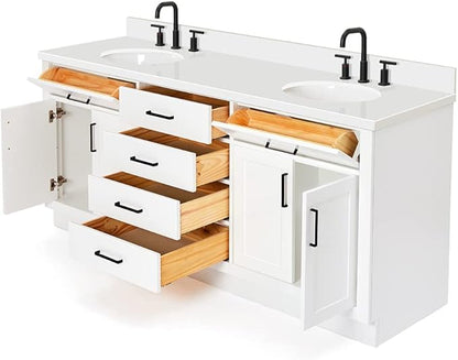 ARIEL Hepburn 72-inch Bathroom Vanity with Sink,Solid Wood, 1.5-inch Pure White Quartz Countertop & Backsplash, Double Oval Porcelain Sink, 4 Soft Closing Doors, 6 Dovetail Drawers, White