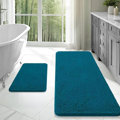 OLANLY Chenille Bathroom Rugs Sets 2 Piece, 47"x20"+24"x16", Peacock Blue