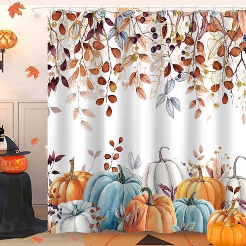 Fall Pumpkin Shower Curtain, Thanksgiving Autumn Harvest Leaves Watercolor Seasonal Decor Bathroom Curtains, Waterproof Fabric Polyester with Hooks, 72x72 Inch