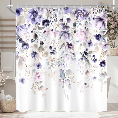 Purple Floral Girls Girly Boho Watercolor Bathroom Shower Curtain Set