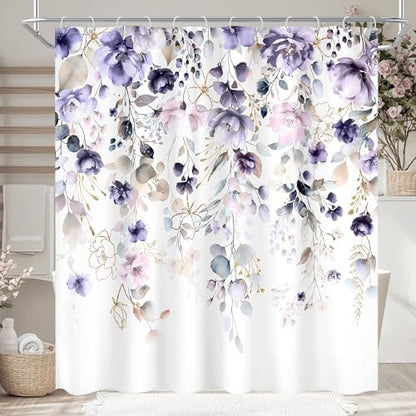Purple Floral Girls Girly Boho Watercolor Bathroom Shower Curtain Set