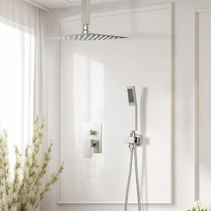 Shower System Shower Faucet Set, STARBATH 10" Ceiling Mount Rain Shower Head and Handheld Spray for Two Person, Rainfall Shower System with Diverter Valve and Trim Kit Complete,Brushed Nickel