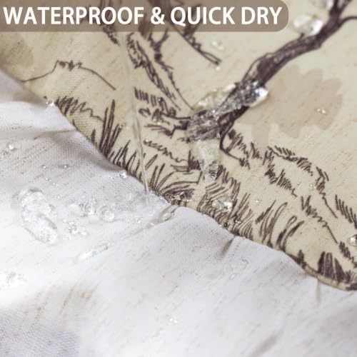 ORTIGIA Ruffle Linen Shower Curtain with Metal Hooks 72x72 Inch, Taupe Brown Toile de Jouy for Vintage French Country Waterproof Bathroom Decor Chateau Toile Pattern