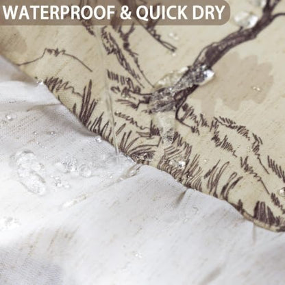 ORTIGIA Ruffle Linen Shower Curtain with Metal Hooks 72x72 Inch, Taupe Brown Toile de Jouy for Vintage French Country Waterproof Bathroom Decor Chateau Toile Pattern