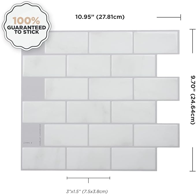 Smart Tiles Peel and Stick backsplash, Subway Carrara Marble, 10.95"x9.7" | Pack of 10 (6.3 sq ft), Glossy, Heat/Moisture Resistant, Low VOC, Kitchen/Bathroom, Renter Friendly, Made in Canada
