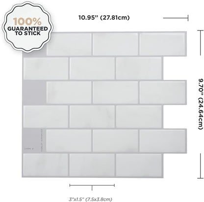 Smart Tiles Peel and Stick backsplash, Subway Carrara Marble, 10.95"x9.7" | Pack of 10 (6.3 sq ft), Glossy, Heat/Moisture Resistant, Low VOC, Kitchen/Bathroom, Renter Friendly, Made in Canada
