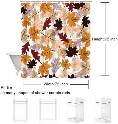 Fall Maple Leaf Shower Curtain, Autumn Thanksgiving Bathroom Decor, 72 x 72 Inch Polyester Fabric Waterproof Bathroom Curtain with 12 Hooks