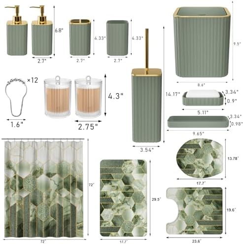 XLHOMO Bathroom Set - 26PC Bathroom Set with Shower Curtain and Rugs, Bathroom Accessory Set, Sage Green Bathroom Accessories Set, Trash Can & Soap Dispenser