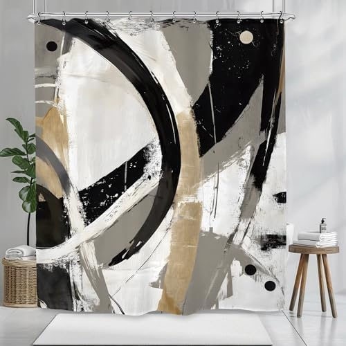 Abstract Modern Neutral Shower Curtain 60Wx72L Inch Minimalist Contemporary Art Aesthetic Bathroom Set Accessories Decor with 12 Pack Hooks
