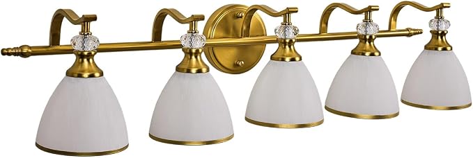 Gold Bathroom Light Fixture, 5-Light Bathroom Wall Sconces, 35 inch Brass Vanity Light with Milky White Frosted Glass Shade, Large Vintage Wall Lights for Spacious Rooms