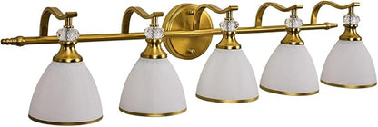 Gold Bathroom Light Fixture, 5-Light Bathroom Wall Sconces, 35 inch Brass Vanity Light with Milky White Frosted Glass Shade, Large Vintage Wall Lights for Spacious Rooms
