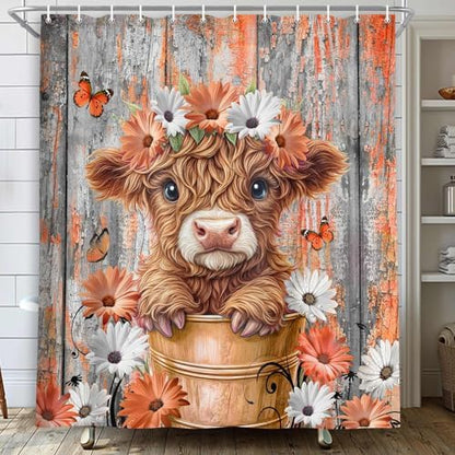 Rustic Wood Farmhouse Floral Shower Curtain for Bathroom, Western Funny Highland Cow Bull Floral Butterfly Country Flower Plant Art Printed Fabric Polyester Waterproof 12 Pack Plastic Hooks 70X70in