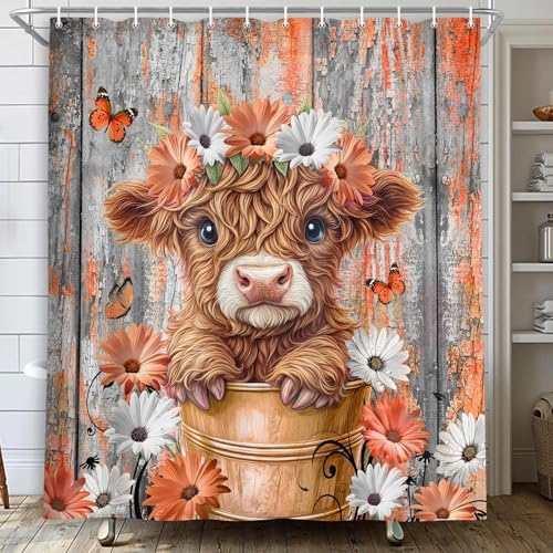 Rustic Wood Farmhouse Floral Shower Curtain for Bathroom, Western Funny Highland Cow Bull Floral Butterfly Country Flower Plant Art Printed Fabric Polyester Waterproof 12 Pack Plastic Hooks 36X72in