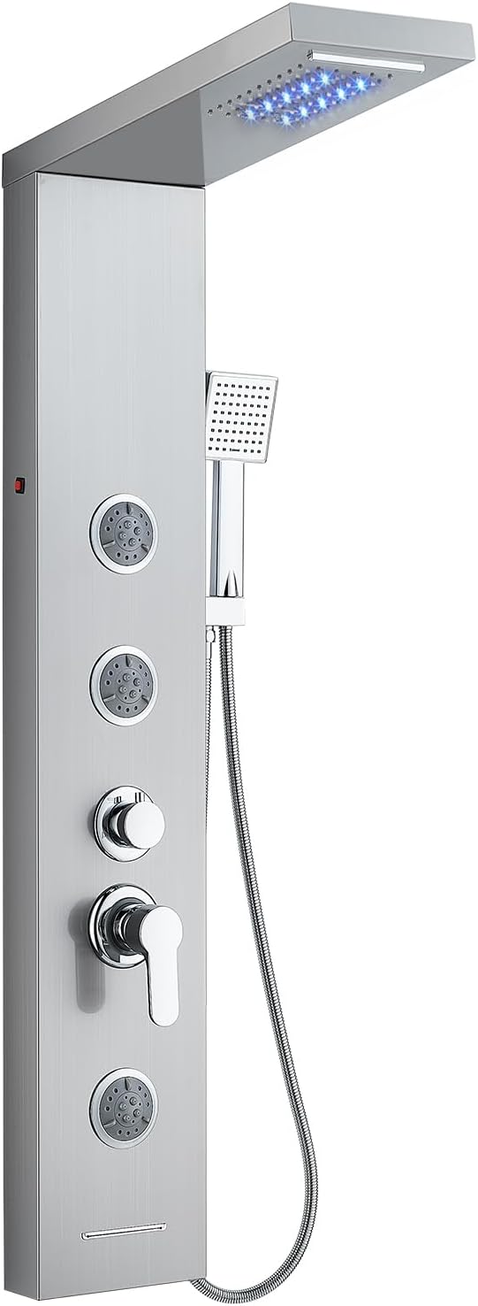 LED Shower Panel Tower System, 6-in-1 Shower Tower with Rainfall Waterfall Shower Head, 2 Modes Powerful Body Jets, Handheld Shower and Tub Spout, Stainless Steel Shower Column, Brushed Finish