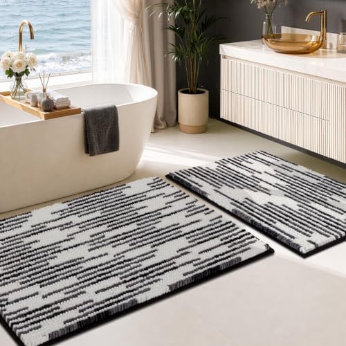 BSICPRO Bathroom Rugs Sets 2 Piece, Modern Bath Mat 20"x32"+16"x24", Black