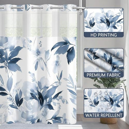 No Hook Shower Curtain with Snap in Liner 71x74 Inch