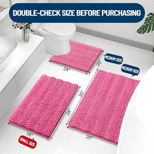 Grandaily Chenille Striped Bathroom Rugs 30x20, Extra Thick and Absorbent Bath Mats, Non-Slip Soft Plush Shaggy Shower Carpet, Machine Wash Dry, Bath Rug for Bathroom, (Medium, Hot Pink)