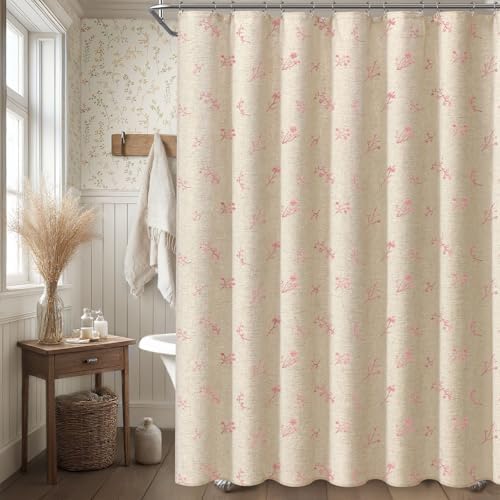 Pink Floral Vintage Linen Shower Curtain Embroidered Textured 72Wx72H
