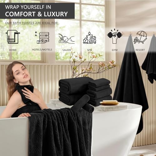 8 Piece Bath Towel Set Black|2 Oversized Large Bath Sheet,2 Hand Towels,4 Washcloths| Ultra Soft Cozy Bath Towel Set for Bathroom Hotel Gym Spa,Highly Absorbent & Quick Dry Bathroom Towel Collections