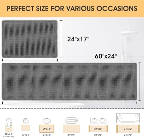 IM HOME Waffle Bath Mat Set 2 Piece Grey, Woven Modern Bath Rug Mats, Absorbent Non Slip Bath Floor Mat, Soft Washable Boho Bath Rugs with Tassels for Bathroom, Bedroom, Kitchen,Tub